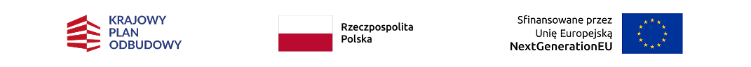 Stopka prezentująca logotypy Unii Europejskiej, Krajowego Planu Odbudowy i Funduszy Europejskich